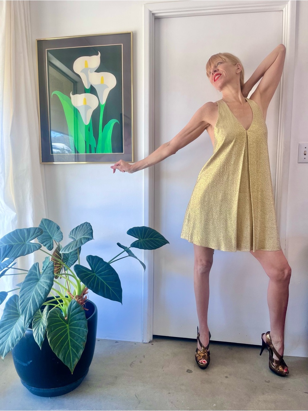 Gold V-Neck Sleeveless Swing Dress